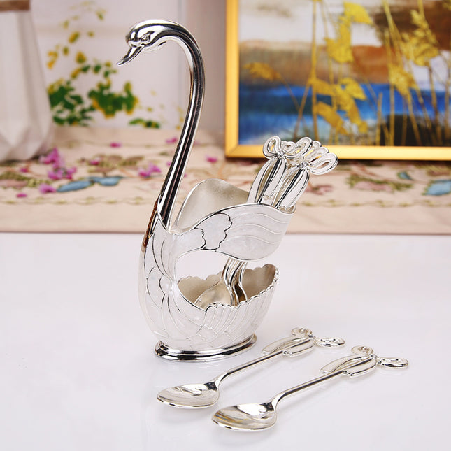 Elegant Swan Base Spoon Holder Set with 6 Coffee/Dessert Spoons(Silver spoon) V888-ELOSUNG26338