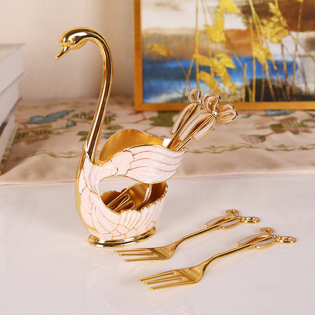 Elegant Swan Base Spoon Holder Set with 6 Coffee/Dessert Spoons(Gold Fork) V888-ELOSUNG26339