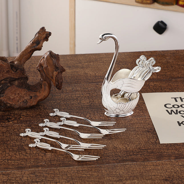 Elegant Swan Base Spoon Holder Set with 6 Coffee/Dessert Spoons(Silver fork) V888-ELOSUNG26340
