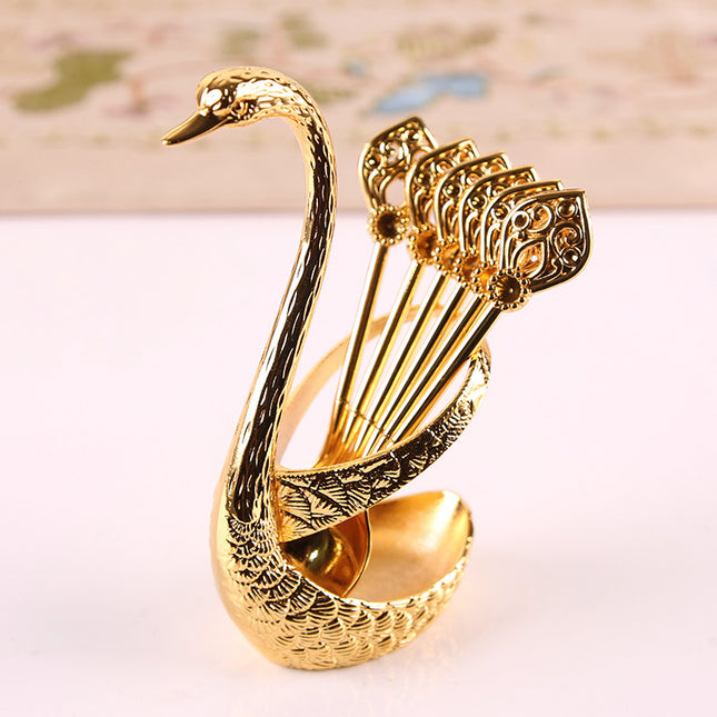 Gold Elegant Swan Cutlery Holder Set with 6 Dessert Spoons V888-ELOSUNG26347