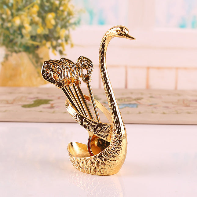 Gold Elegant Swan Cutlery Holder Set with 6 Dessert Spoons – product detail