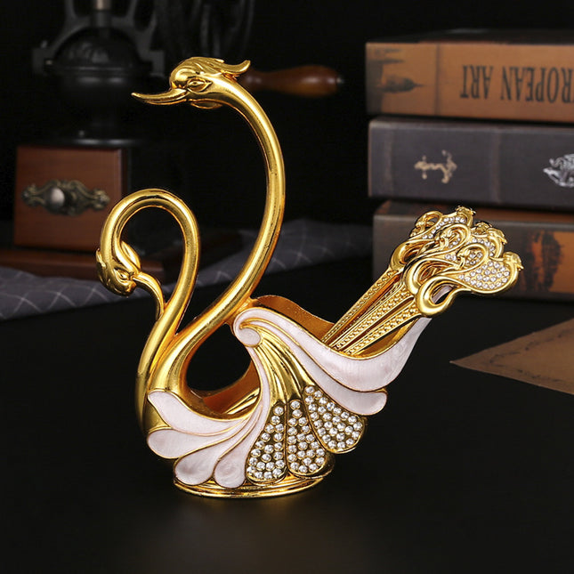 Gold Elegant Double Swan Cutlery Holder Set with 6pcs Spoons – product detail
