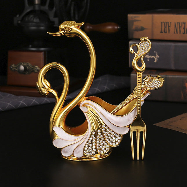 Gold Elegant Double Swan Cutlery Holder Set with 6pcs Fork V888-ELOSUNG26357