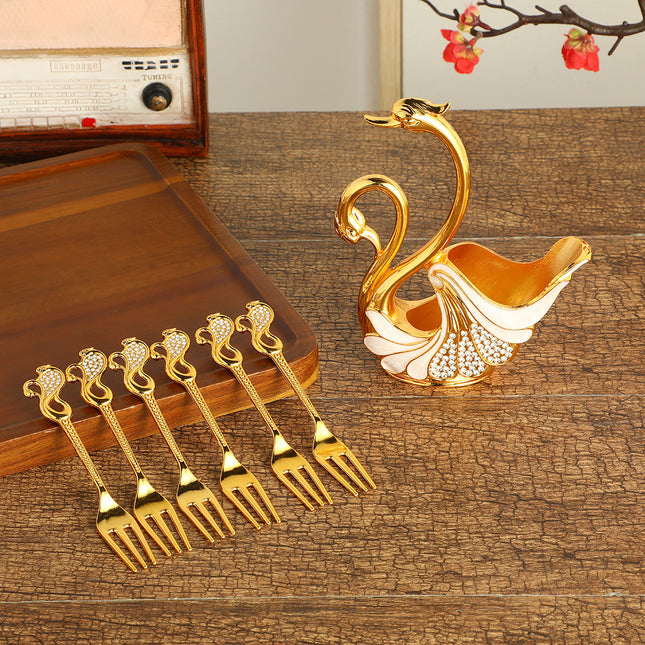 Gold Elegant Double Swan Cutlery Holder Set with 6pcs Fork – product detail