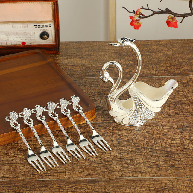 Silver Elegant Double Swan Cutlery Holder Set with 6pcs Fork V888-ELOSUNG26359