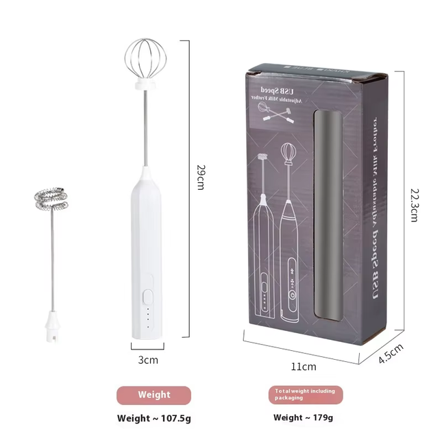 White Mini Hand Mixer with Frother & Balloon Whisk Heads