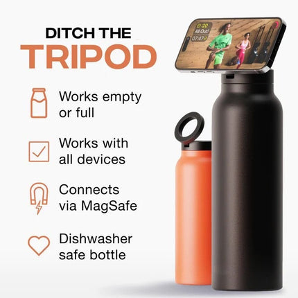 Stainless Steel Insulated Water Bottle with Integrated Magnetic Phone Stand - Black (24oz)