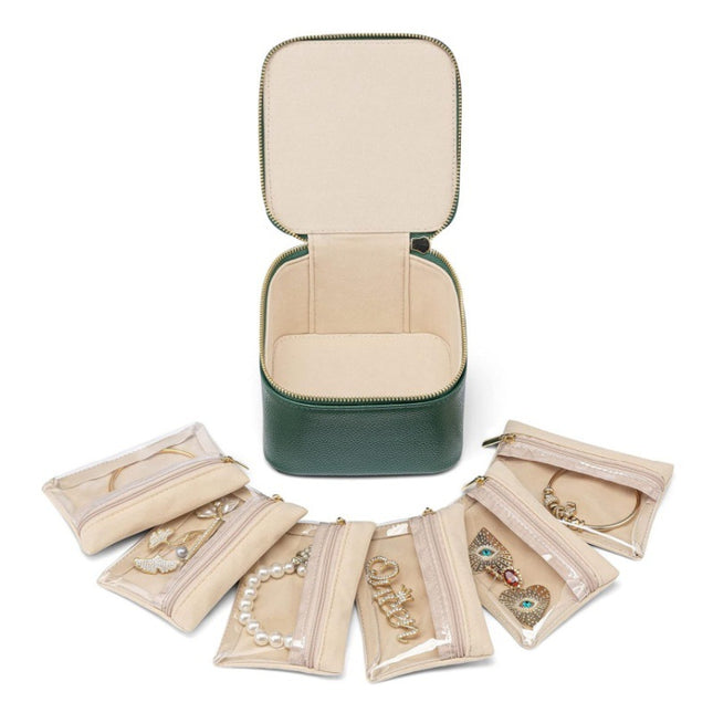 Green Compact Travel Jewelry Box with 6 Individual Velvet Zipper Pouches V888-ELOSUNG26474