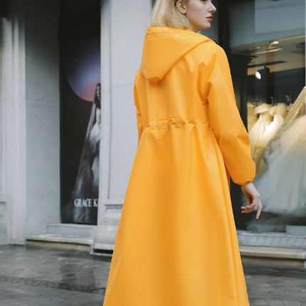 Yellow Women's Long Waterproof Raincoat with Hood and Visor - Stylish Rain Jacket (Size - L)