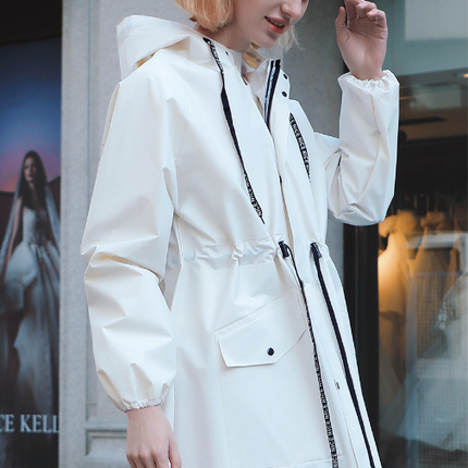 White Women's Long Waterproof Raincoat with Hood and Visor - Stylish Rain Jacket (Size - M)