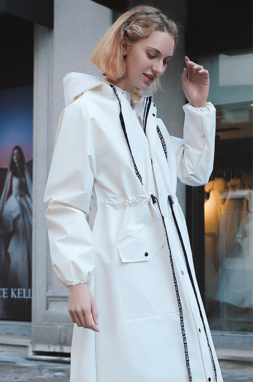 White Women's Long Waterproof Raincoat with Hood and Visor