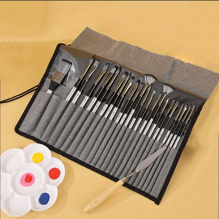 24pc Artist Paint Brush Set with Canvas Roll-Up Case - Nylon Hair Brushes for Acrylic Watercolor Oil Gouache Painting