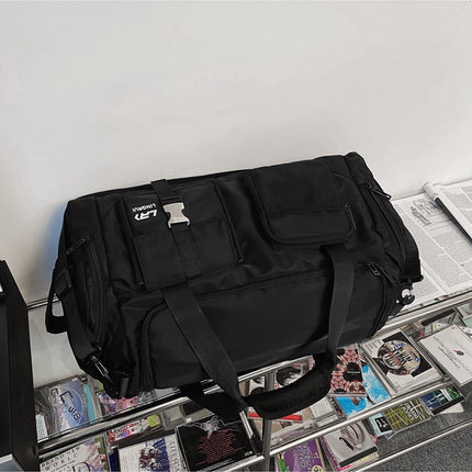 Black Unisex Travel Bag with Utility Buckles and Wet/Dry Compartments
