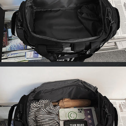 Black Unisex Travel Bag with Utility Buckles and Wet/Dry Compartments