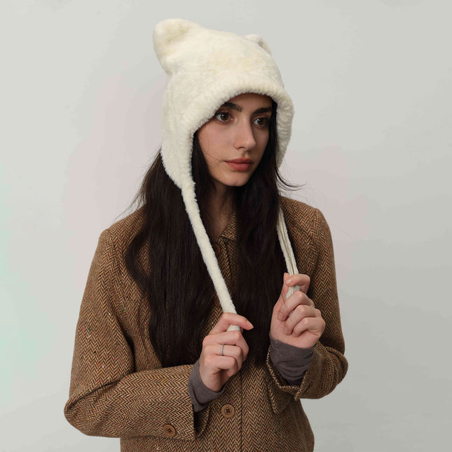 White Fluffy Cat Ear Winter Earflap Hat Women Knitted Warm Cold Weather Cap V888-ELOSUNG26615
