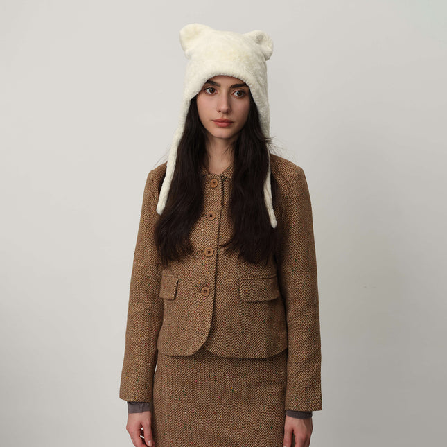 White Fluffy Cat Ear Winter Earflap Hat Women Knitted Warm Cold Weather Cap – product detail