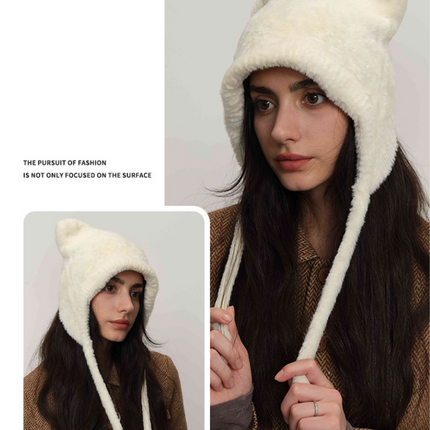 White Fluffy Cat Ear Winter Earflap Hat Women Knitted Warm Cold Weather Cap