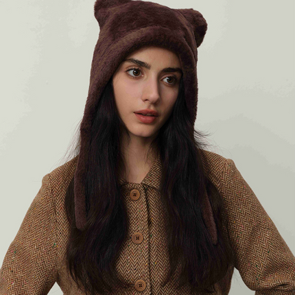 Dark brown Fluffy Cat Ear Winter Earflap Hat Women Knitted Warm Cold Weather Cap