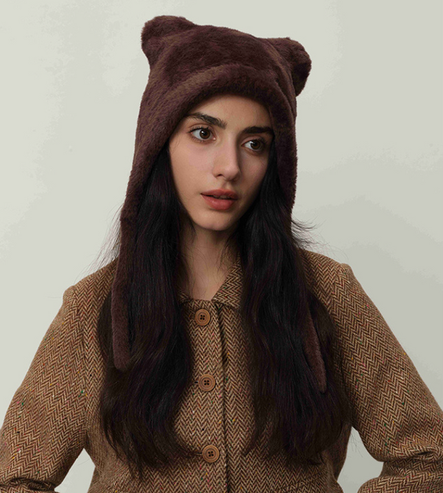 Dark brown Fluffy Cat Ear Winter Earflap Hat Women Knitted Warm Cold Weather Cap V888-ELOSUNG26616
