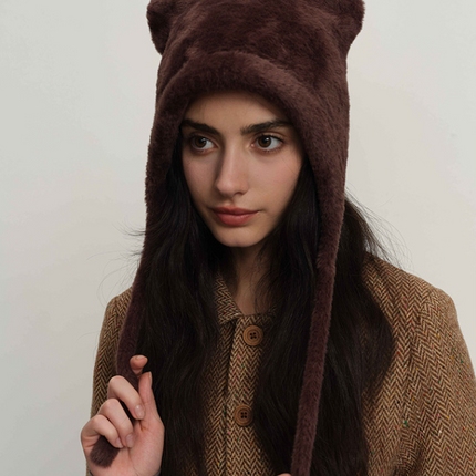 Dark brown Fluffy Cat Ear Winter Earflap Hat Women Knitted Warm Cold Weather Cap