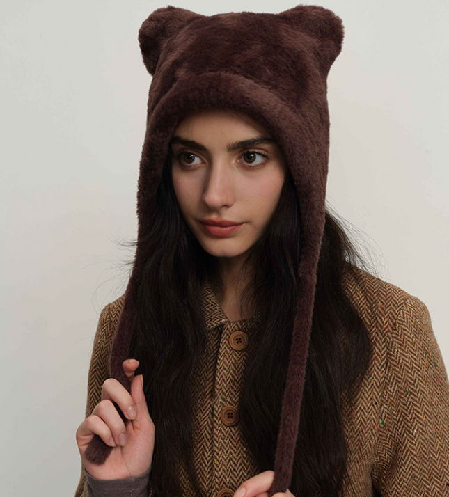 Dark brown Fluffy Cat Ear Winter Earflap Hat Women Knitted Warm Cold Weather Cap – product detail