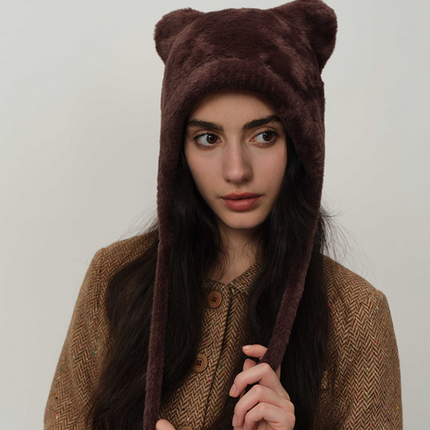 Dark brown Fluffy Cat Ear Winter Earflap Hat Women Knitted Warm Cold Weather Cap