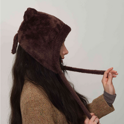 Dark brown Fluffy Cat Ear Winter Earflap Hat Women Knitted Warm Cold Weather Cap