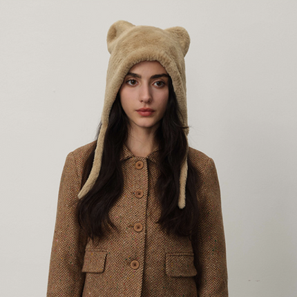 Beige Fluffy Cat Ear Winter Earflap Hat Women Knitted Warm Cold Weather Cap