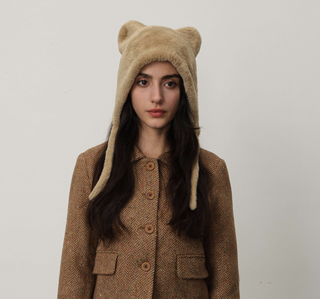 Beige Fluffy Cat Ear Winter Earflap Hat Women Knitted Warm Cold Weather Cap V888-ELOSUNG26617
