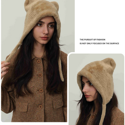 Beige Fluffy Cat Ear Winter Earflap Hat Women Knitted Warm Cold Weather Cap