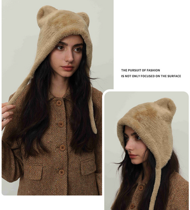 Beige Fluffy Cat Ear Winter Earflap Hat Women Knitted Warm Cold Weather Cap – product detail