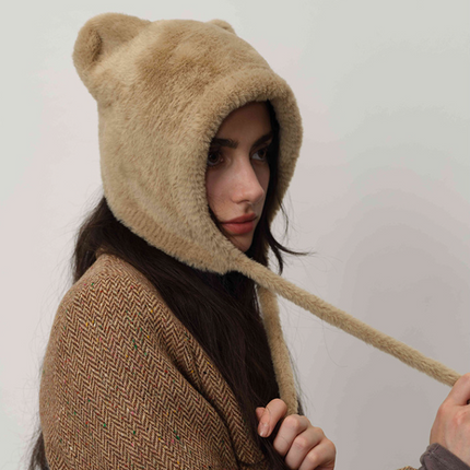 Beige Fluffy Cat Ear Winter Earflap Hat Women Knitted Warm Cold Weather Cap