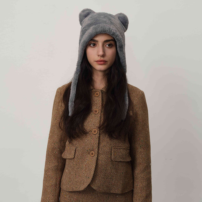 Light gray Fluffy Cat Ear Winter Earflap Hat Women Knitted Warm Cold Weather Cap V888-ELOSUNG26618