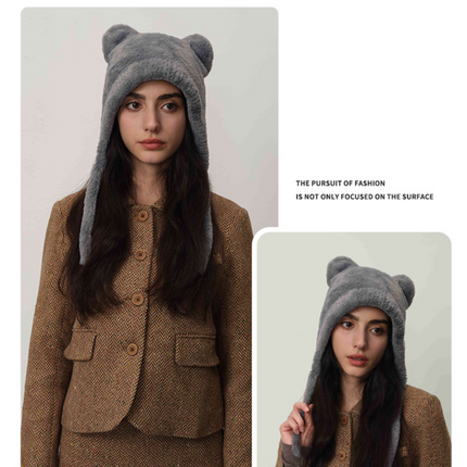 Light gray Fluffy Cat Ear Winter Earflap Hat Women Knitted Warm Cold Weather Cap