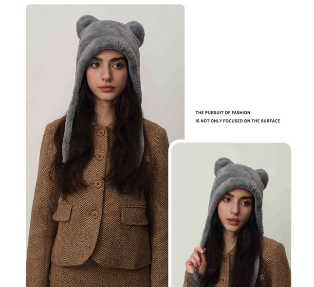 Light gray Fluffy Cat Ear Winter Earflap Hat Women Knitted Warm Cold Weather Cap – product detail