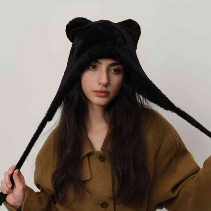 Black Fluffy Cat Ear Winter Earflap Hat Women Knitted Warm Cold Weather Cap