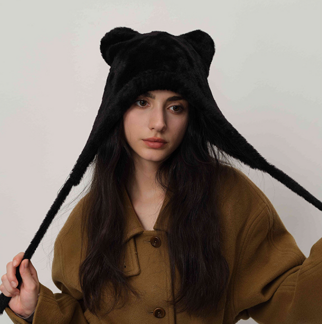 Black Fluffy Cat Ear Winter Earflap Hat Women Knitted Warm Cold Weather Cap V888-ELOSUNG26620