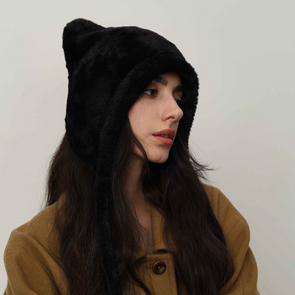 Black Fluffy Cat Ear Winter Earflap Hat Women Knitted Warm Cold Weather Cap