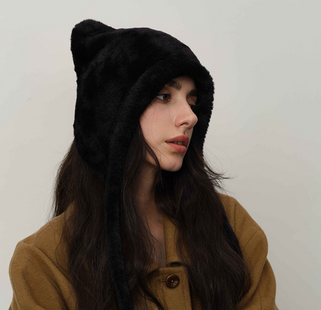 Black Fluffy Cat Ear Winter Earflap Hat Women Knitted Warm Cold Weather Cap – product detail