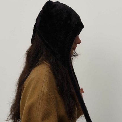 Black Fluffy Cat Ear Winter Earflap Hat Women Knitted Warm Cold Weather Cap