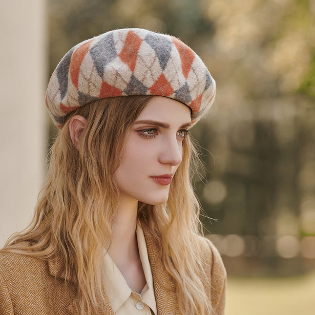 Diamond Colorblock Wool Beret