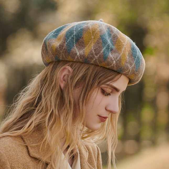 Diamond Colorblock Wool Beret
