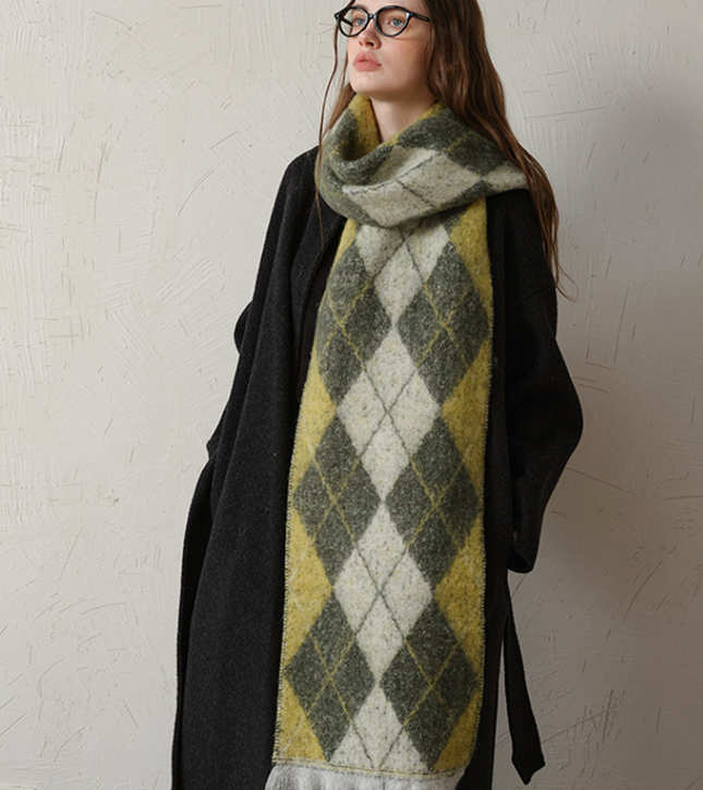 (Yellow Plus Green)Two-Tone Argyle Pattern Scarf