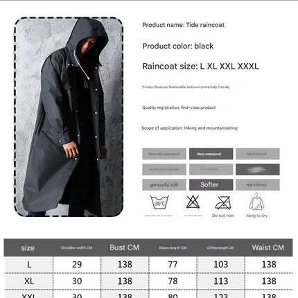 Stylish Black Trench Raincoat - Extra Long, Hooded, for Hiking & Fishing - XL