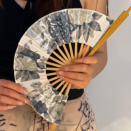 2 PCS Floral Bamboo Folding Hand Fan - Traditional Chinese Style Round Folding Design (Elegant ink flower)