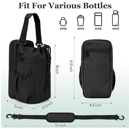 Black Portable Crossbody Water Bottle Holder with Multiple Pockets - Thermal Cooler Bag