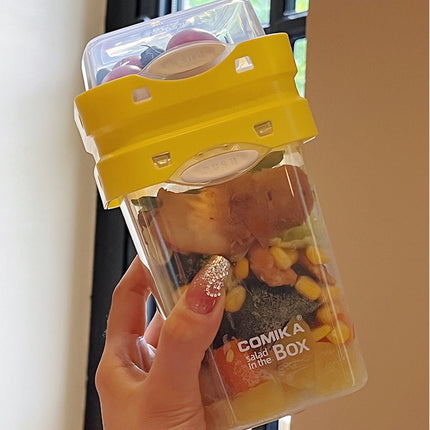Yellow Portable salad cup with ingredient compartment and fork and spoon – shape and profile