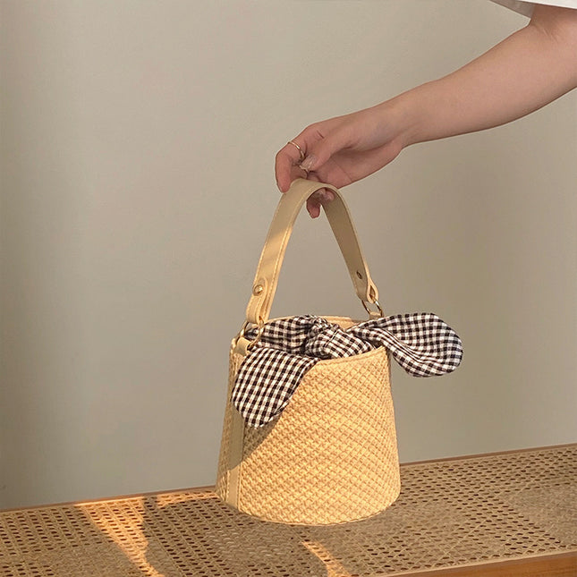 Woven Straw Bucket Bag with Gingham Bow Accent