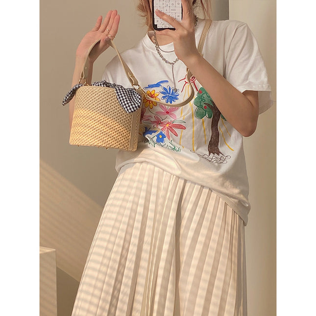 Woven Straw Bucket Bag with Gingham Bow Accent – product detail