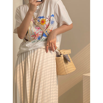 Woven Straw Bucket Bag with Gingham Bow Accent - Mini Top Handle & Crossbody